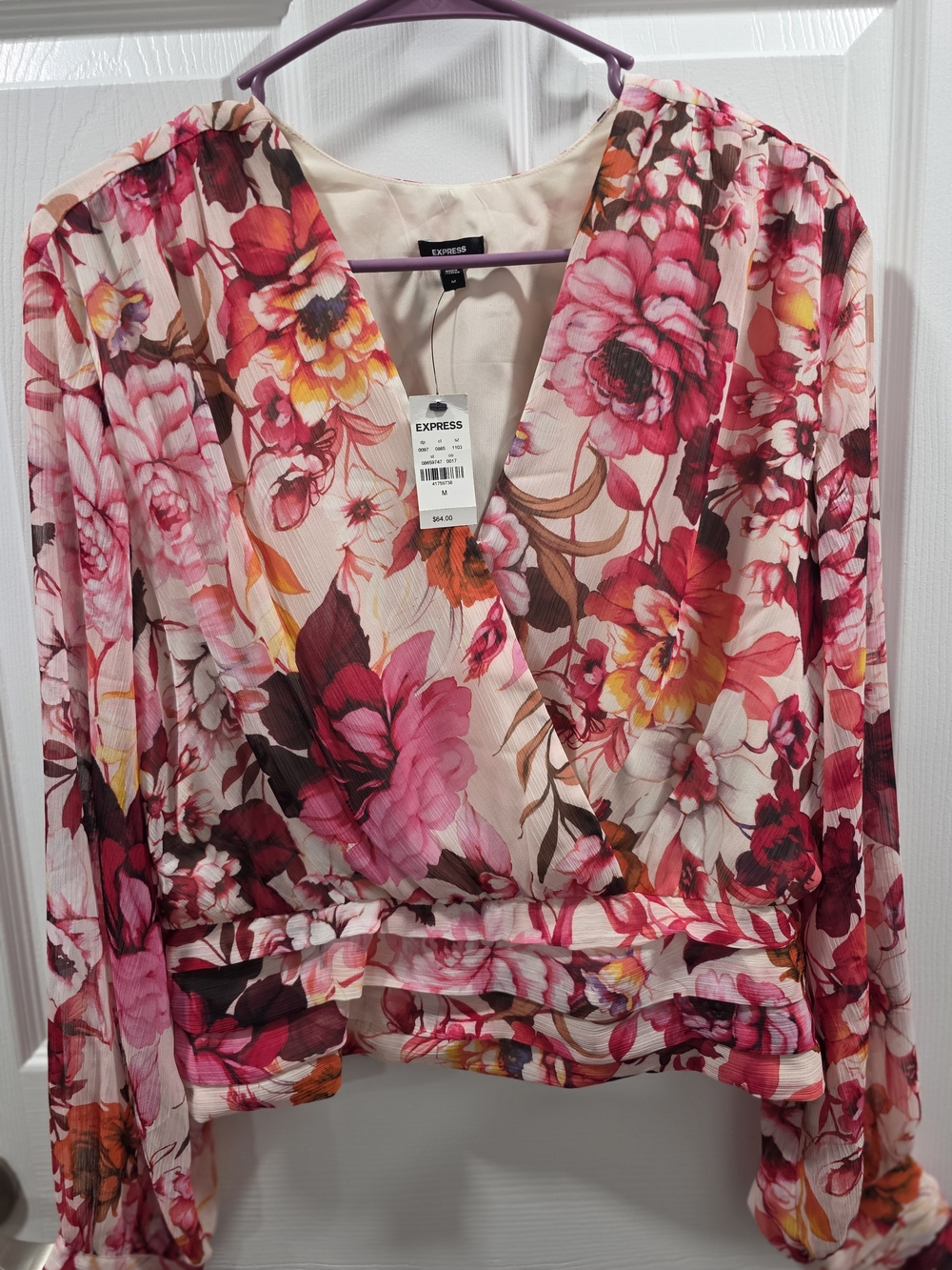 Express Floral Wrap Blouse in Pink and Cream
